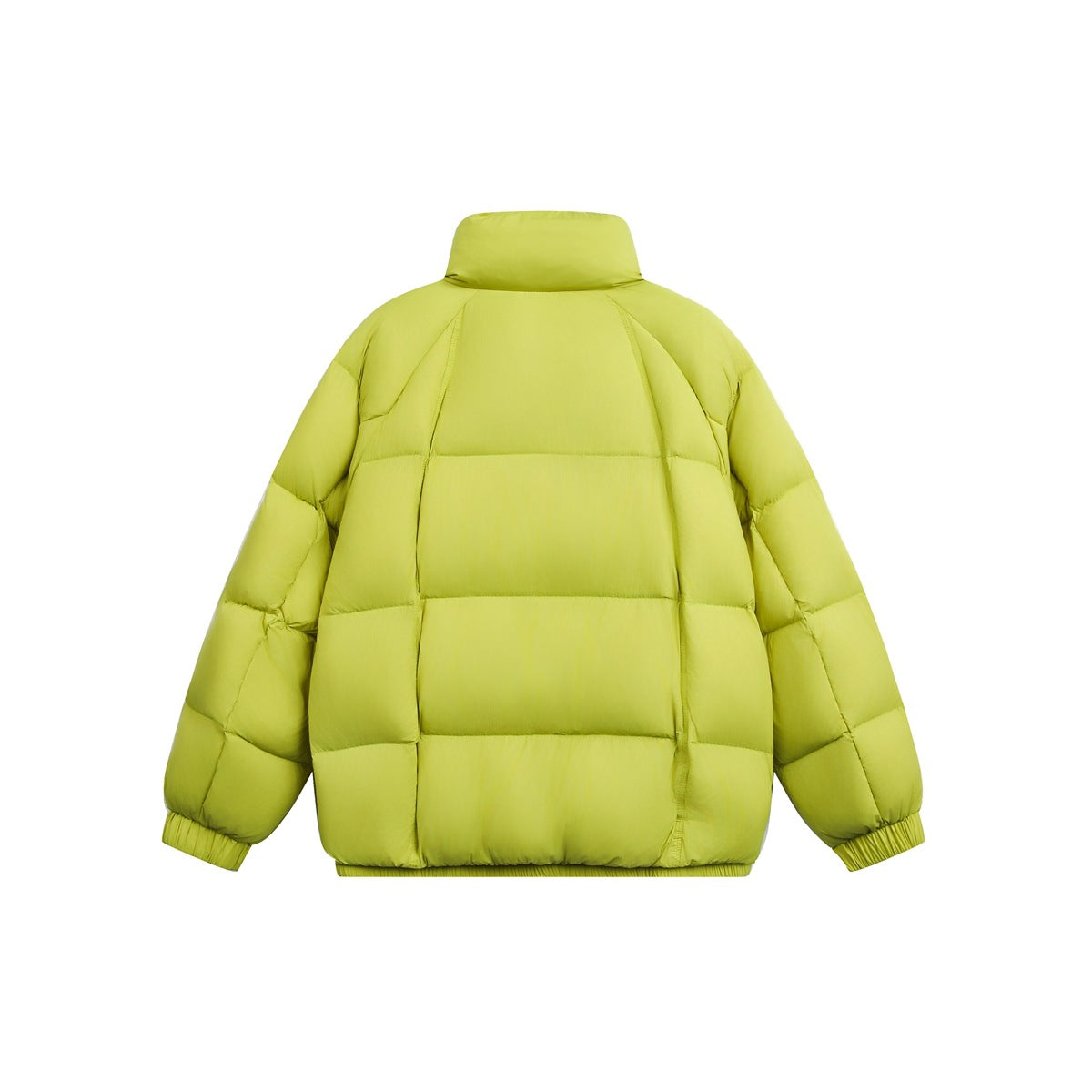 Back view of lime green puffer jacket with stand collar, horizontal quilted panels and elastic cuffs and hem