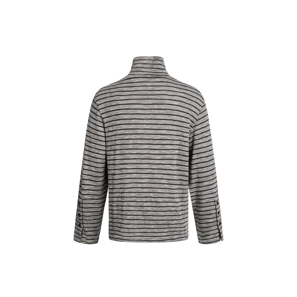 Back view of a gray top with narrow dark horizontal stripes, a high collar, and button details at the sleeve cuffs.