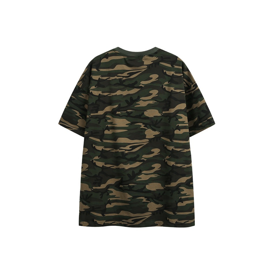 Back view of a short-sleeve T-shirt in dark green, brown, and black camouflage.