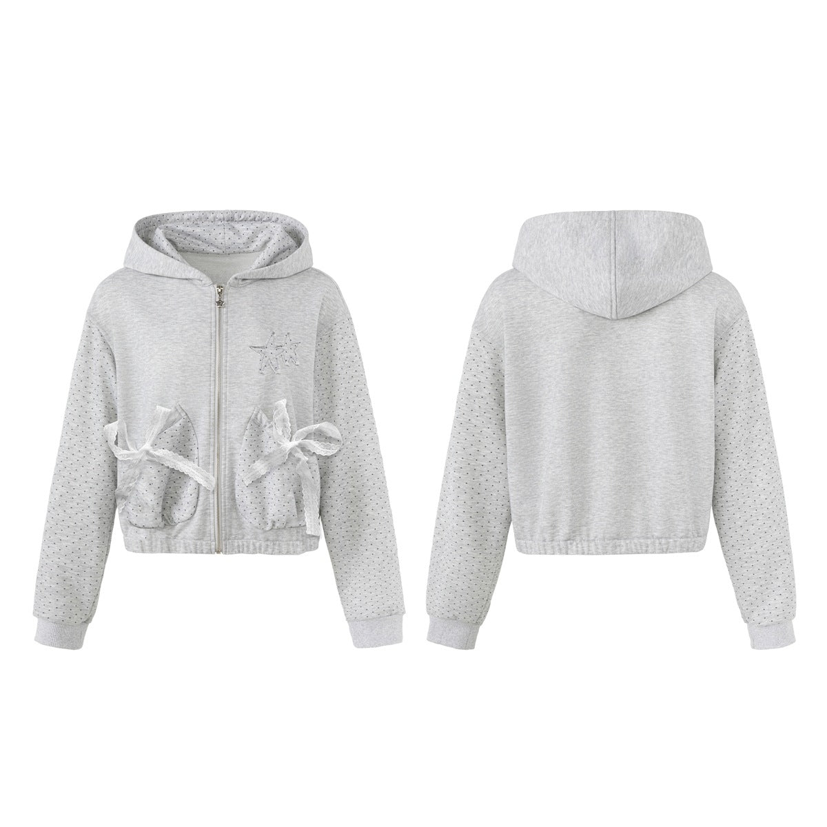 Light gray hooded zip jacket shown from the front and back, with dotted sleeves and lace-trimmed bow pockets.