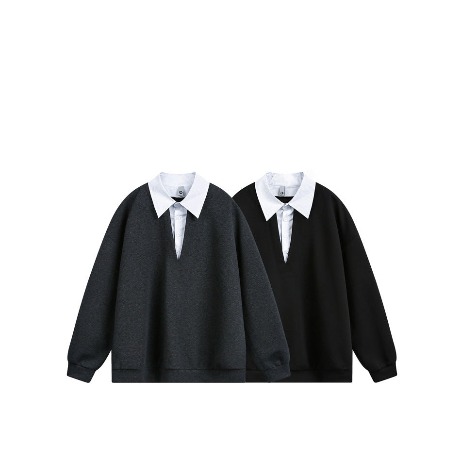Two front views of the same oversized V-neck sweatshirt, in charcoal and black, each layered with a white collared shirt.