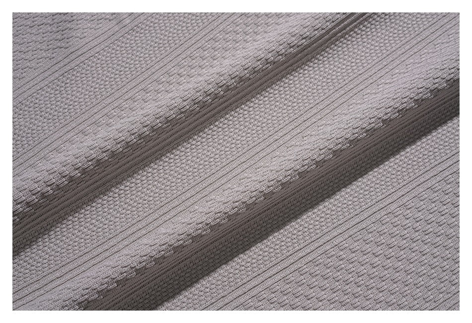 Close-up showing the sweatshirt's raised vertical knit bands and textured gray fabric.