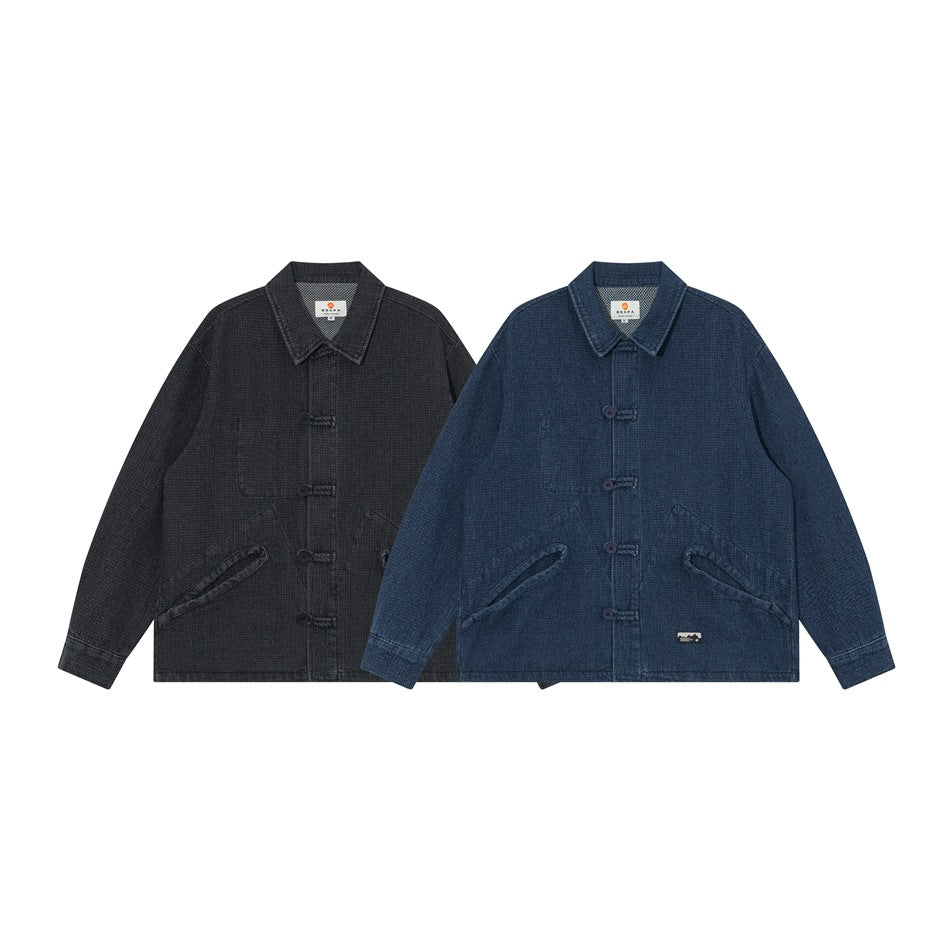 Two collared jackets shown from the front, one charcoal and one blue, with loop closures and angled pockets.