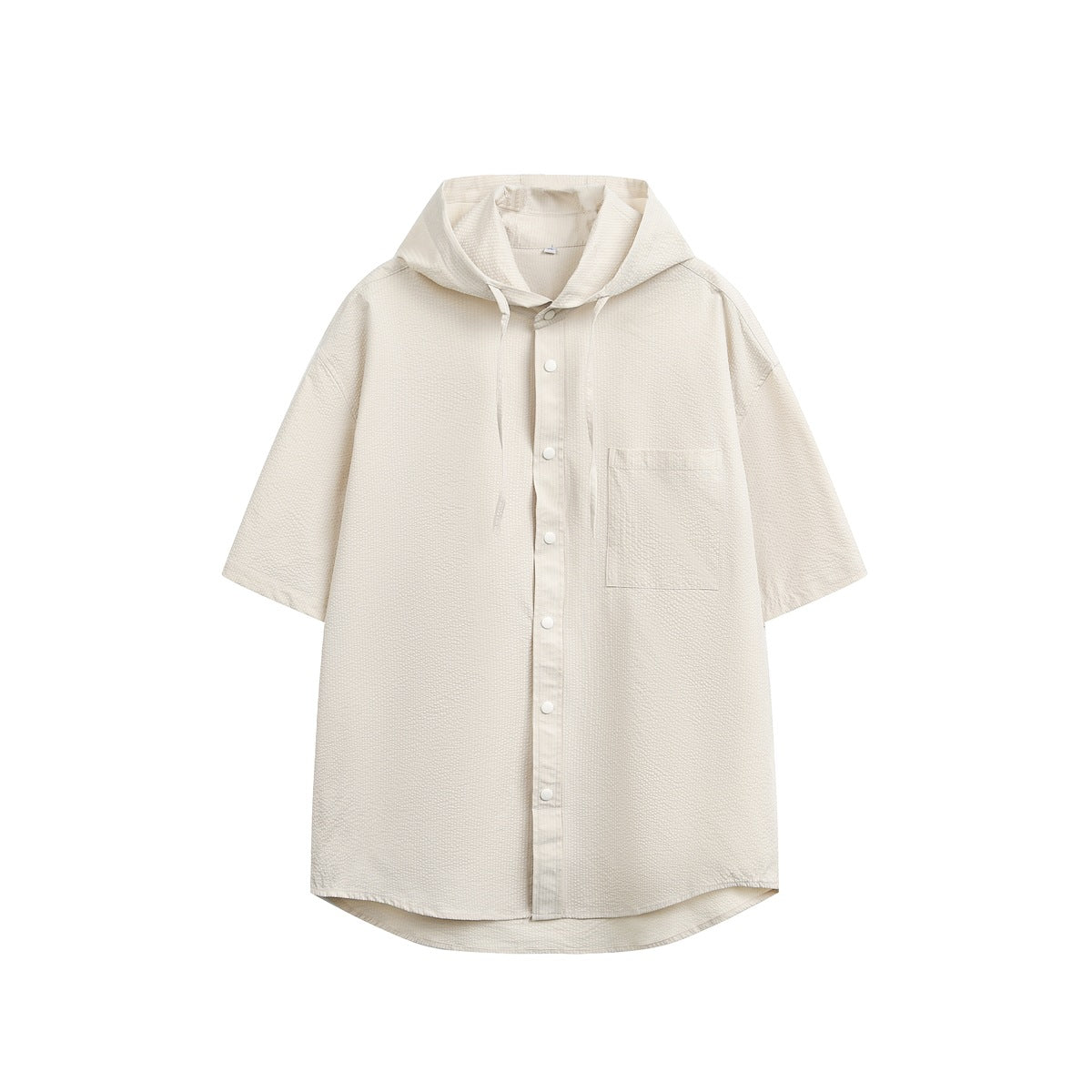Khaki short-sleeve hooded button-up shirt, front flat lay with chest pocket and drawstrings