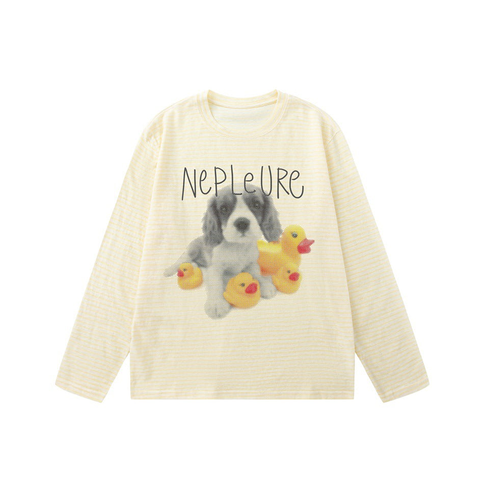 Front view of a cream, pale-yellow striped long-sleeve top with a dog and ducklings graphic and lettering.