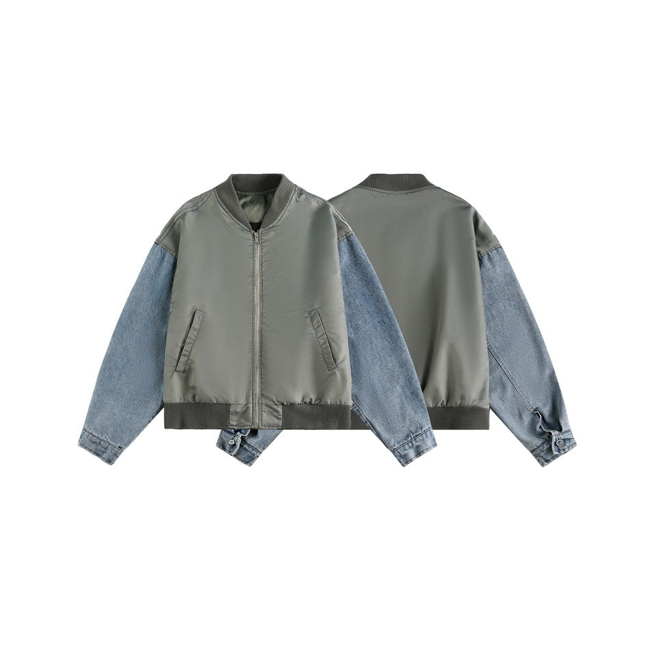 Gray-green bomber jacket with blue denim sleeves, shown from the front and back against a white background.