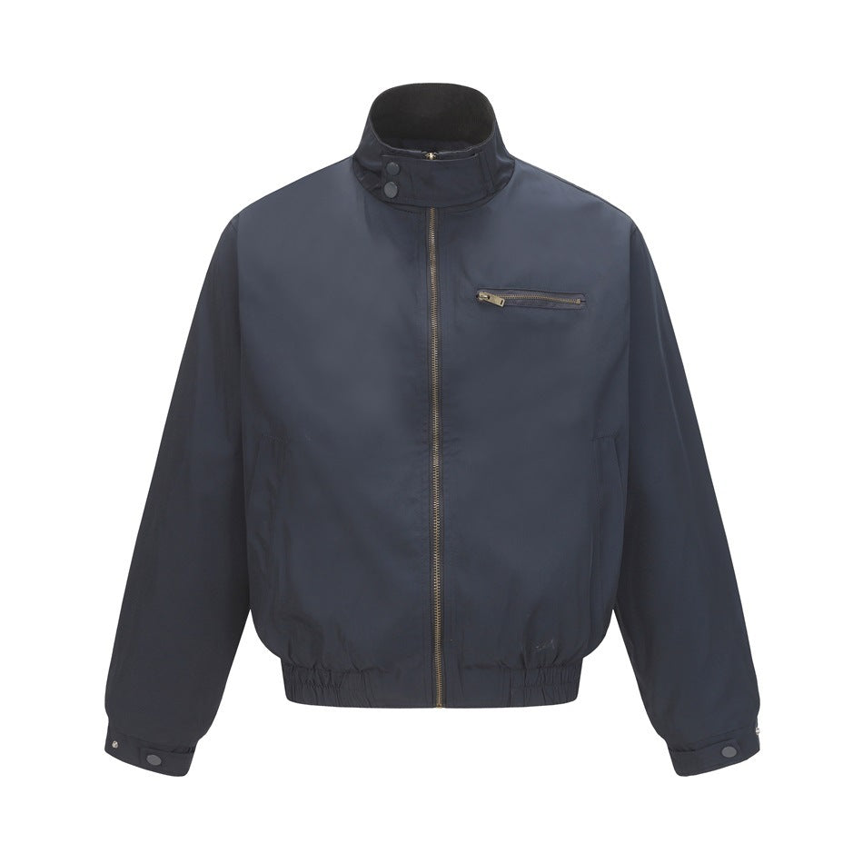 Navy stand-collar zip bomber jacket with chest zip pocket, elastic hem and snap cuff tabs, front flat view