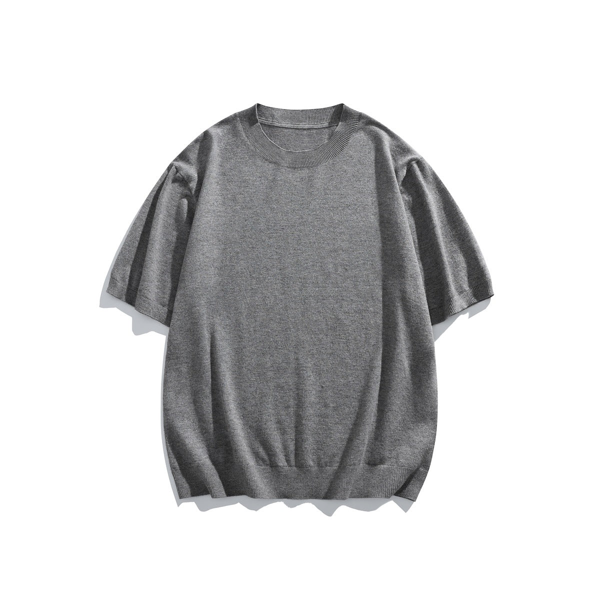 Gray short-sleeve knit crew-neck top flat lay, front view, with ribbed collar and hem