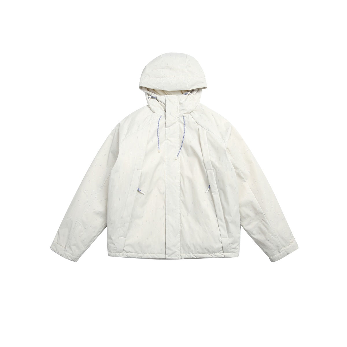 Off-white hooded zip jacket flat lay with drawcords, raglan sleeves, side pockets and subtle dash pattern