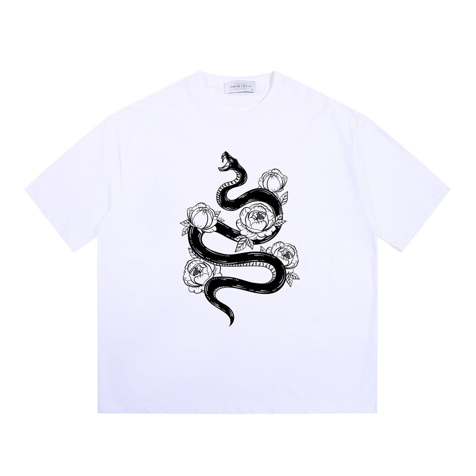 White crew-neck short-sleeve T-shirt with a black coiled snake and peony flower graphic on the front