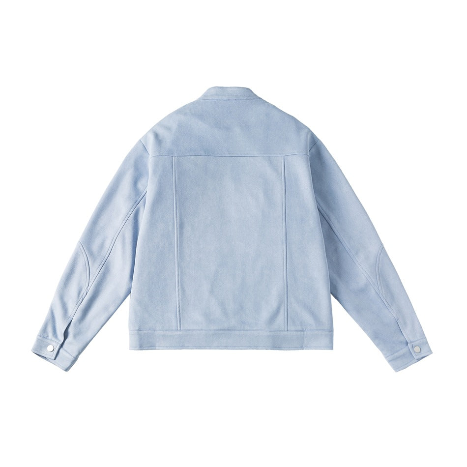 Back view of a light blue jacket with a stand collar, panel seams, long sleeves, and snap cuffs.