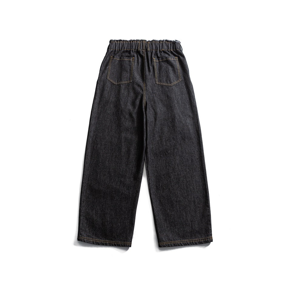 Back view of charcoal wide-leg jeans with an elastic waist and two back pockets.