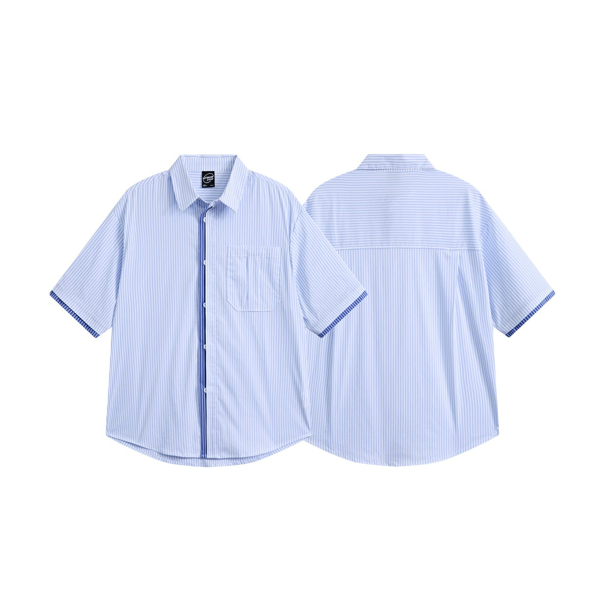 Front and back views of a white short-sleeve button-up shirt with fine blue stripes, a chest pocket, and dark blue trim.