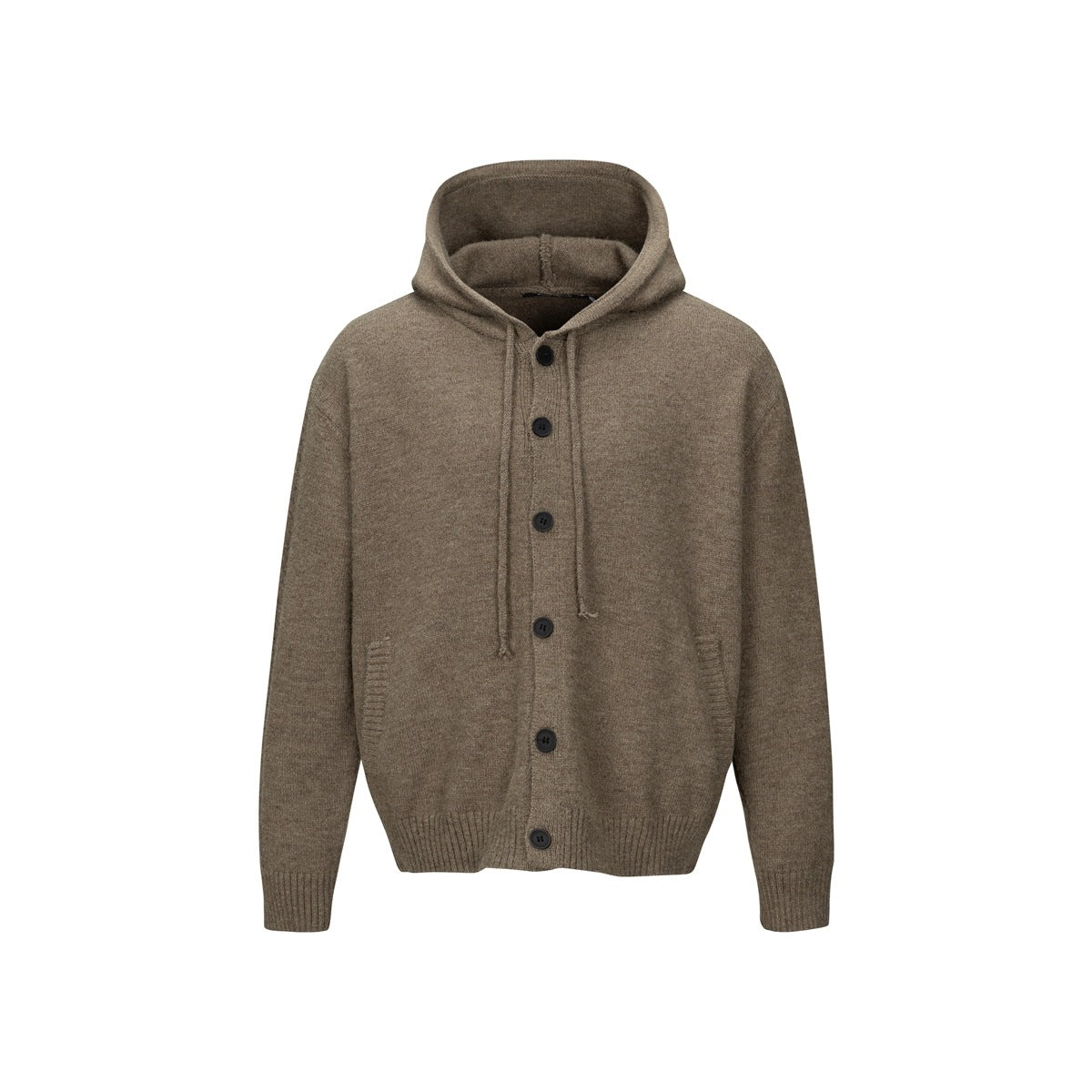 Khaki brown knit hooded cardigan with black buttons, drawstrings and ribbed hem, front view