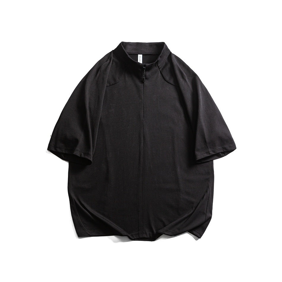 Black short-sleeve stand-collar T-shirt with front zip, flat lay