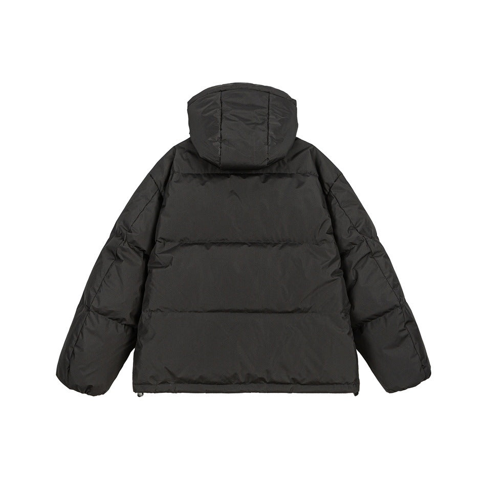 Back view of a black hooded puffer jacket with horizontal quilting.