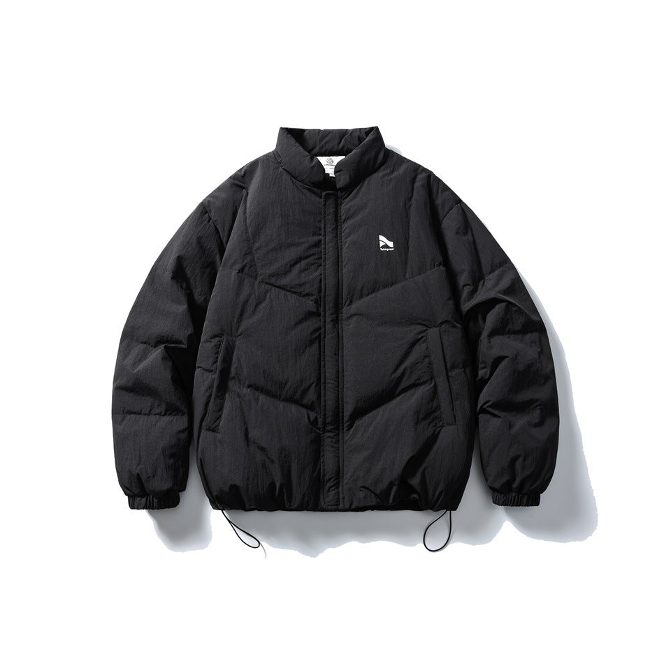Black puffer jacket with stand collar, front zipper, quilted chevron panels, elastic cuffs and drawcord hem, flat view