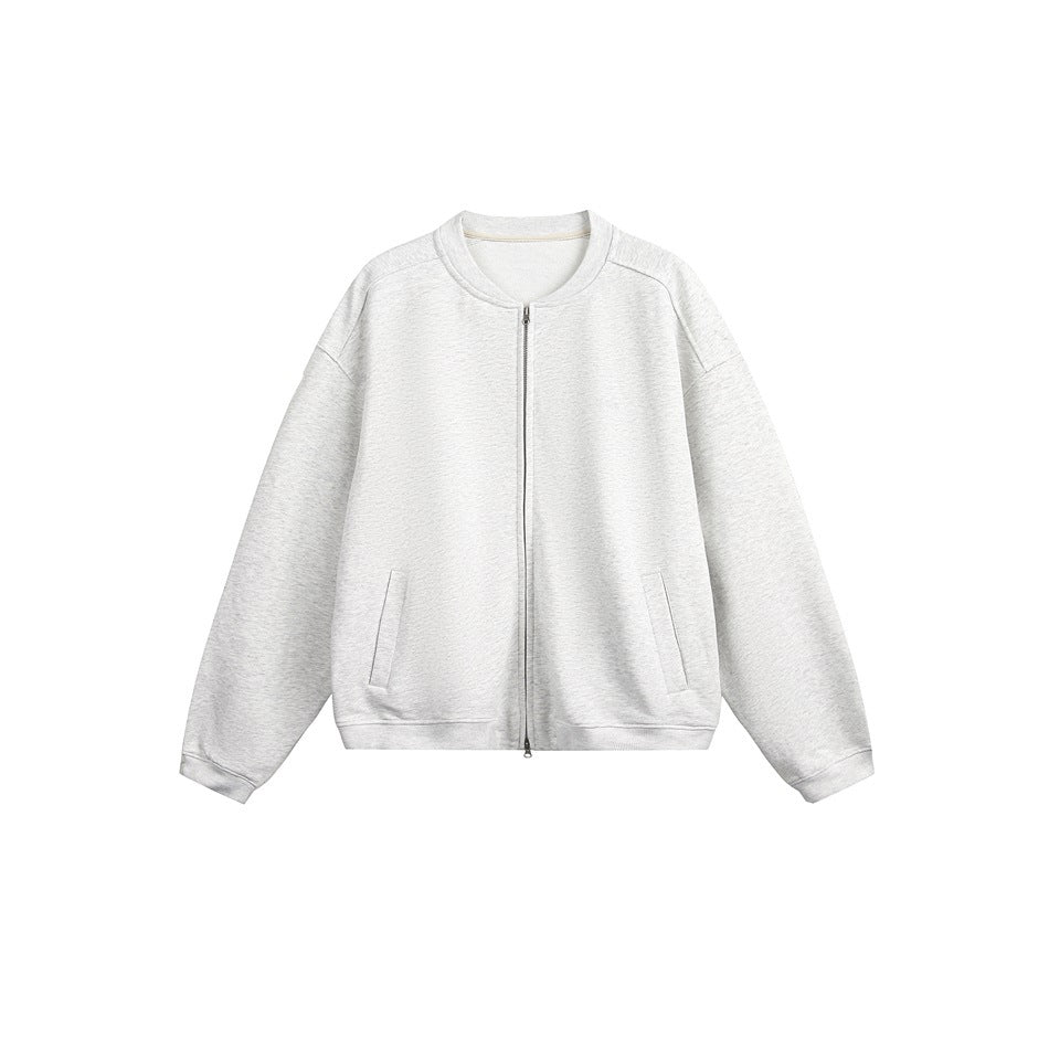 Light heather gray zip-front bomber jacket flat lay with ribbed collar, cuffs, hem and slanted pockets