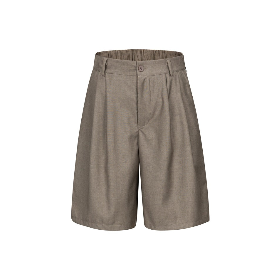 Coffee brown pleated knee-length shorts, front view, with button closure, belt loops and elastic waistband