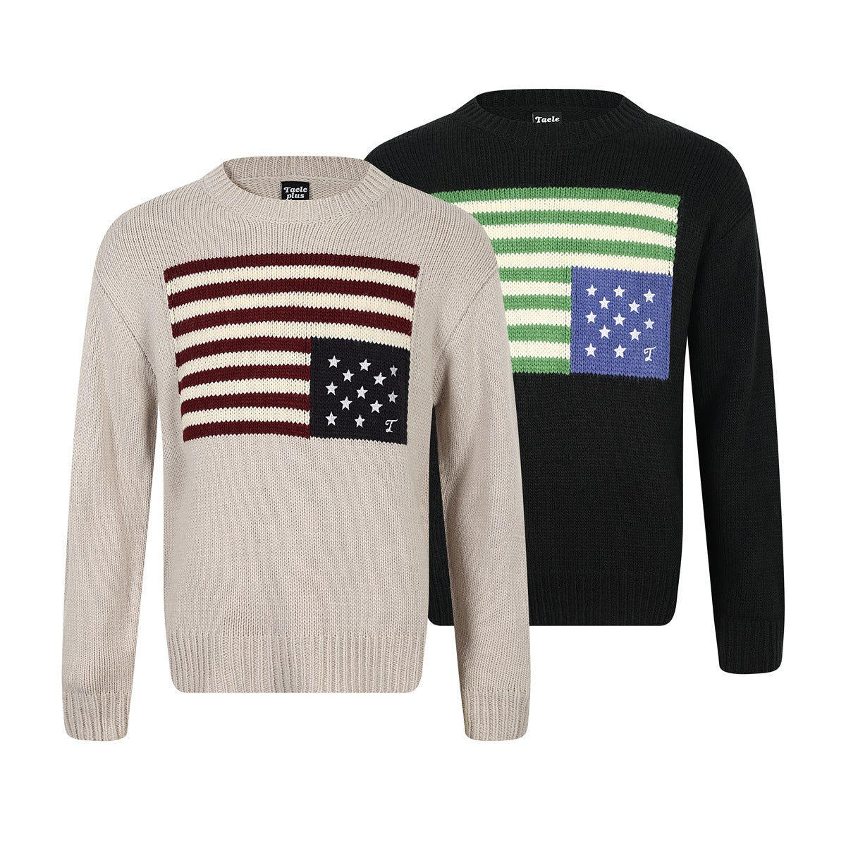 Two crew-neck knit sweaters shown from the front: cream with burgundy stripes and a navy flag motif, and black with green