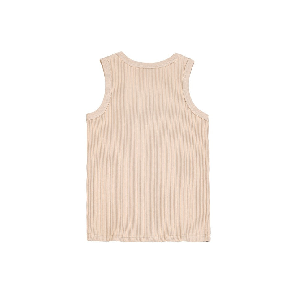 Light apricot ribbed sleeveless tank top, flat lay back view with rounded back neckline