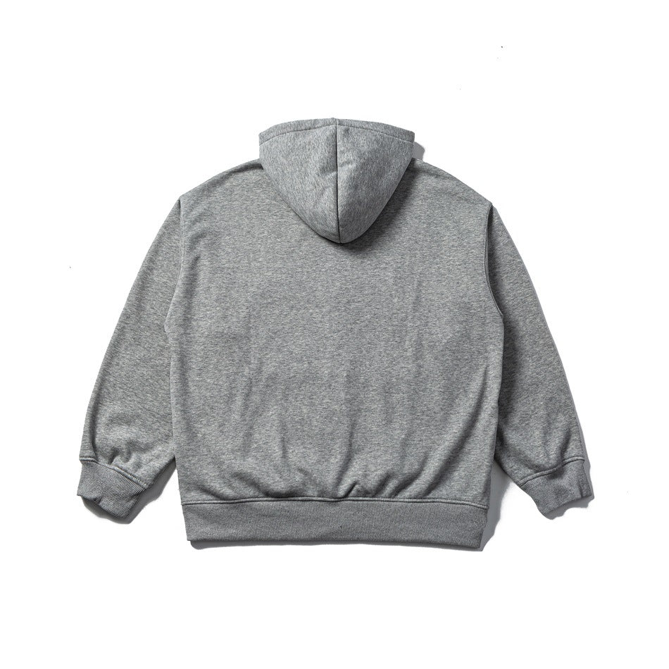 Back view of a medium gray heather hoodie with a hood, long sleeves, and ribbed cuffs and hem.
