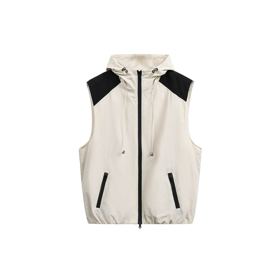 Beige sleeveless hooded zip vest with black shoulder panels, black zipper trim and drawcords, front view