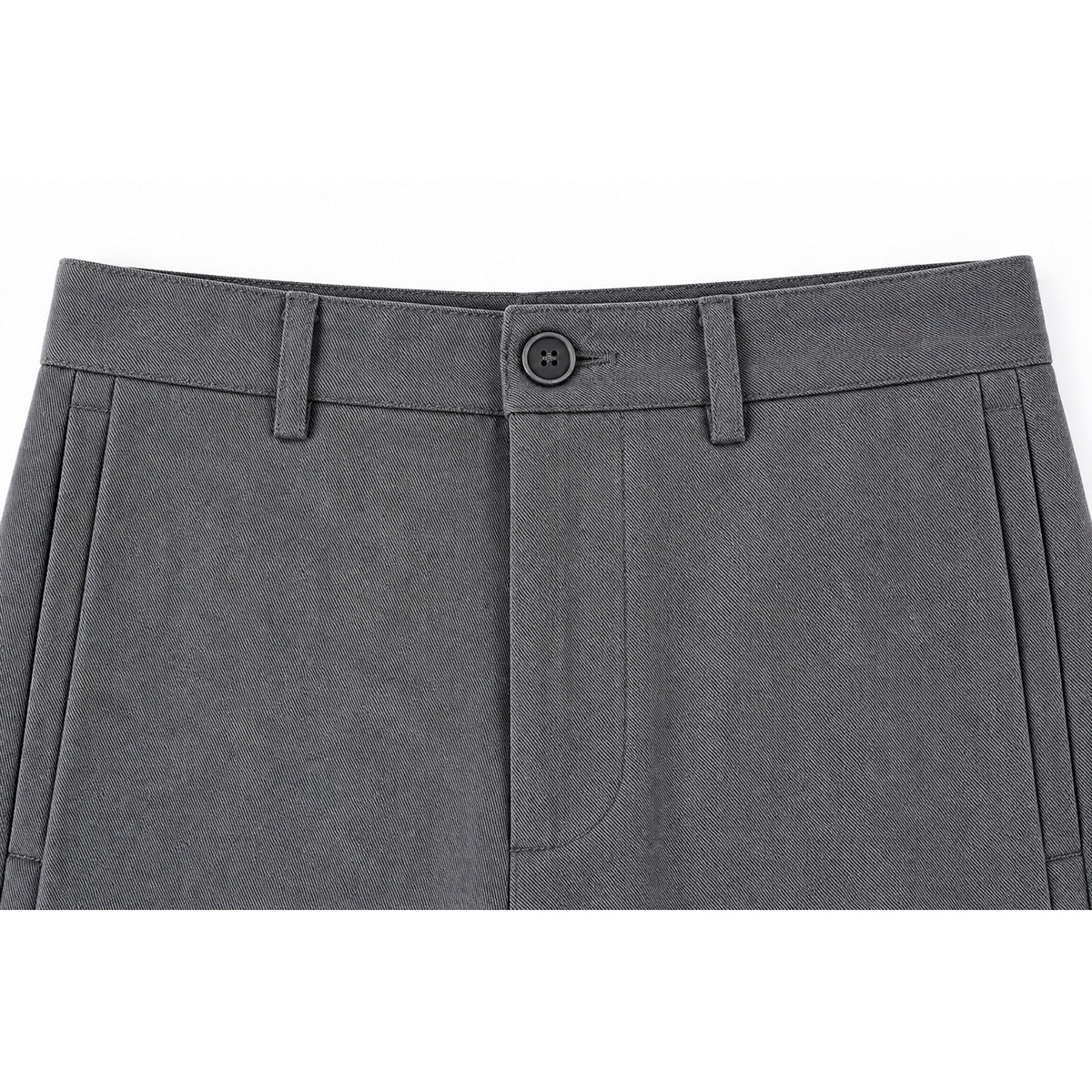 Close-up of gray trousers showing the front waistband, button, belt loops, fly, and angled pockets.