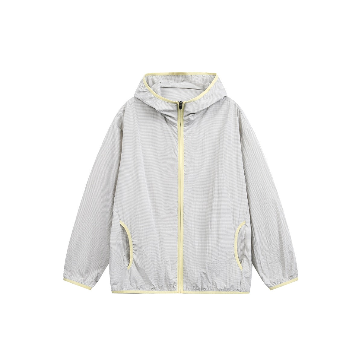 Light gray hooded zip-up lightweight jacket with fine grid texture and pale yellow trim, front flat view