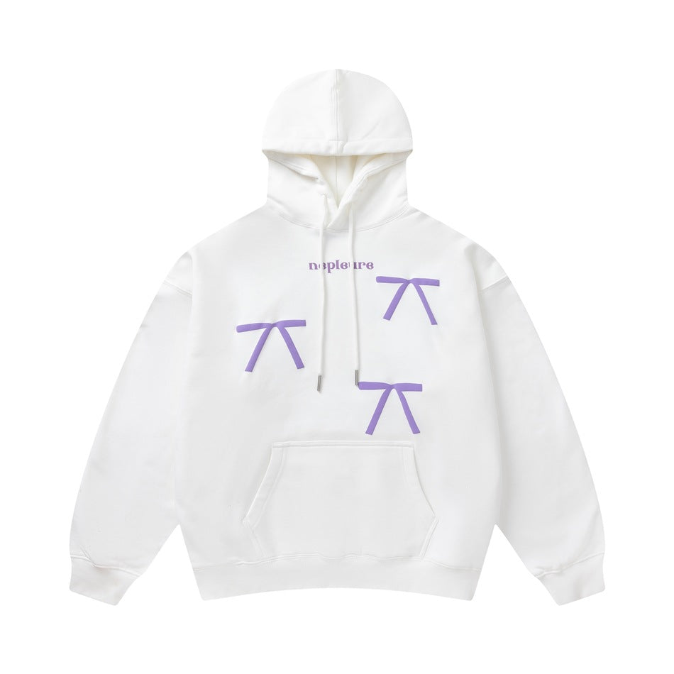 White pullover hoodie with drawstring hood, kangaroo pocket and three purple bow graphics on the front