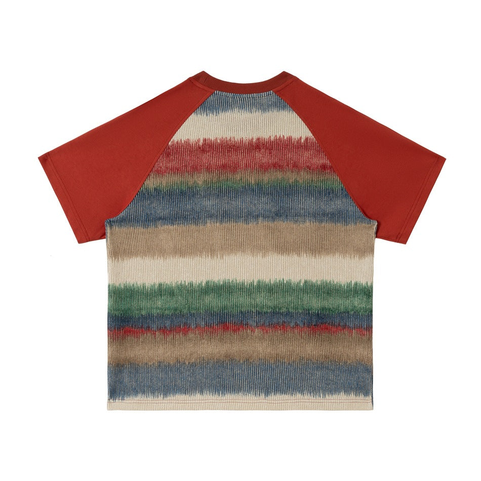 Back view of orange-red raglan T-shirt with blurred multicolor horizontal stripes and a ribbed crew collar