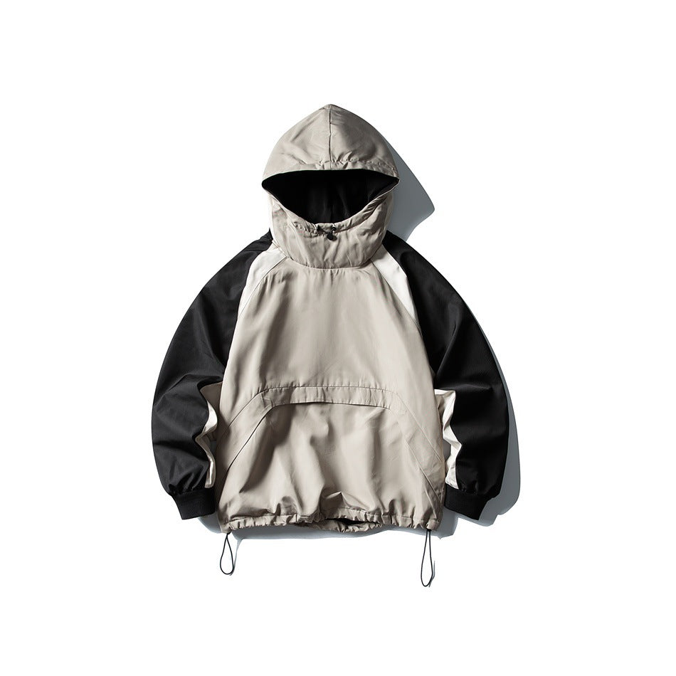 Khaki hooded pullover jacket with black raglan sleeves, cream panels, front pouch pocket and drawcord hem, flat lay