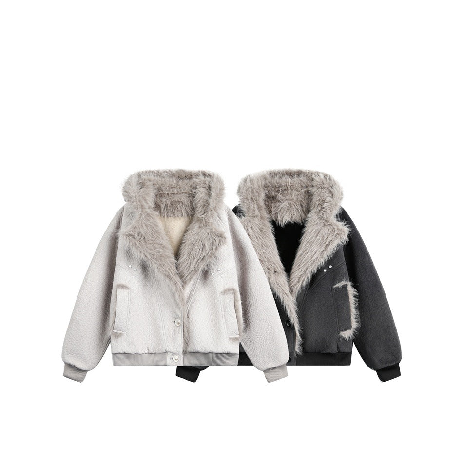 Light gray and charcoal jackets shown together, both with oversized gray faux-fur collars and ribbed cuffs.