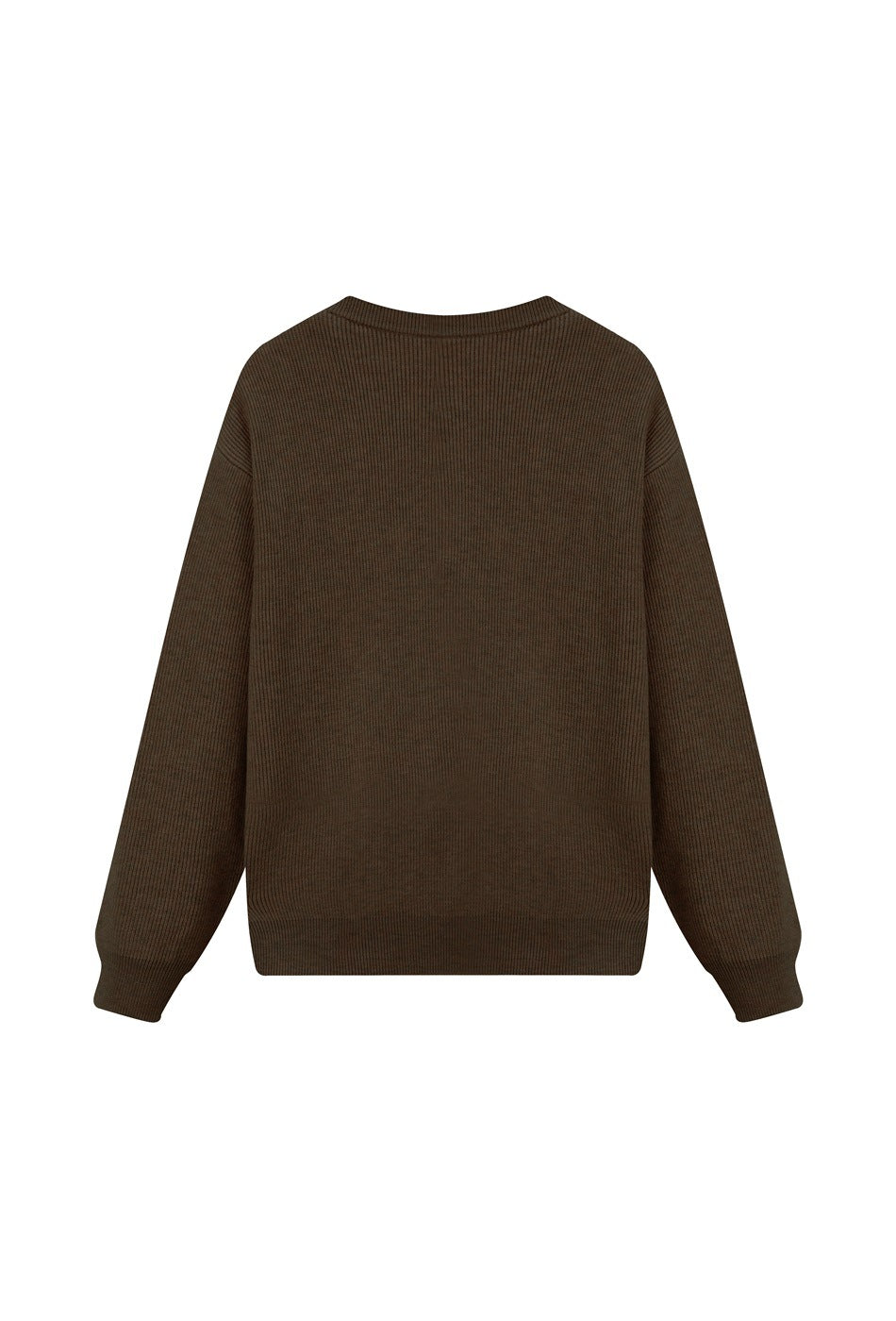 Back view of a dark brown rib-knit sweater with a crew neck, long sleeves, and ribbed cuffs and hem, on white.