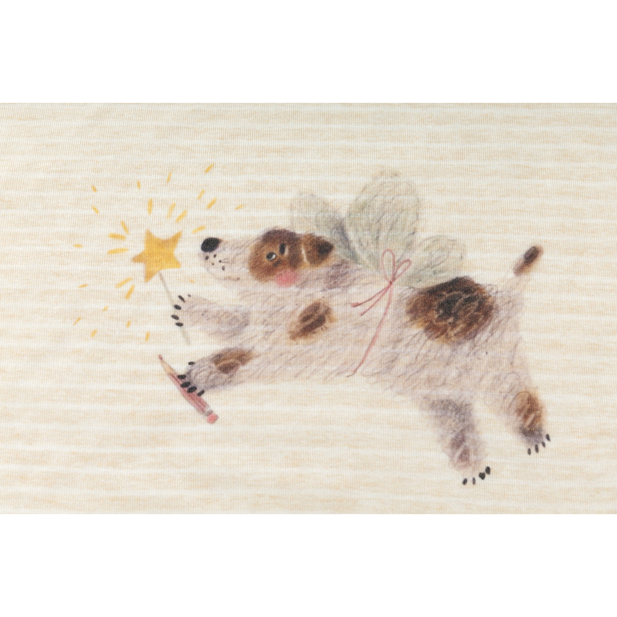 Close-up of a watercolor-style flying dog reaching toward a yellow star on a cream striped T-shirt.