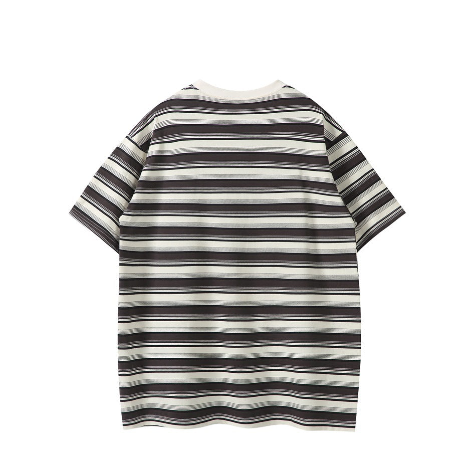 Back view of gray and cream striped short-sleeve T-shirt with cream ribbed collar