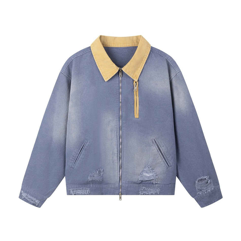 Blue faded zip-front jacket with tan collar, ripped details and slanted pockets, flat lay front view