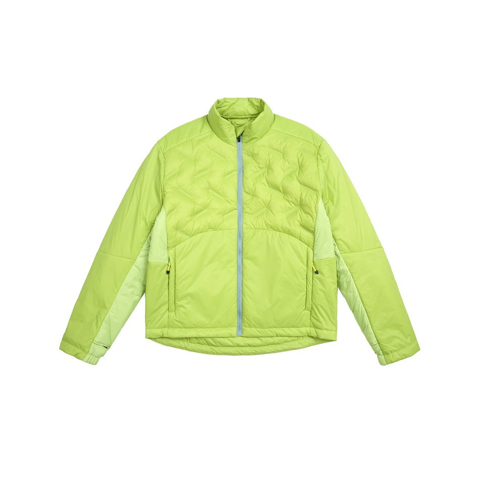 Lime green quilted stand-collar zip jacket with light green side panels and a gray-blue zipper, flat lay front view