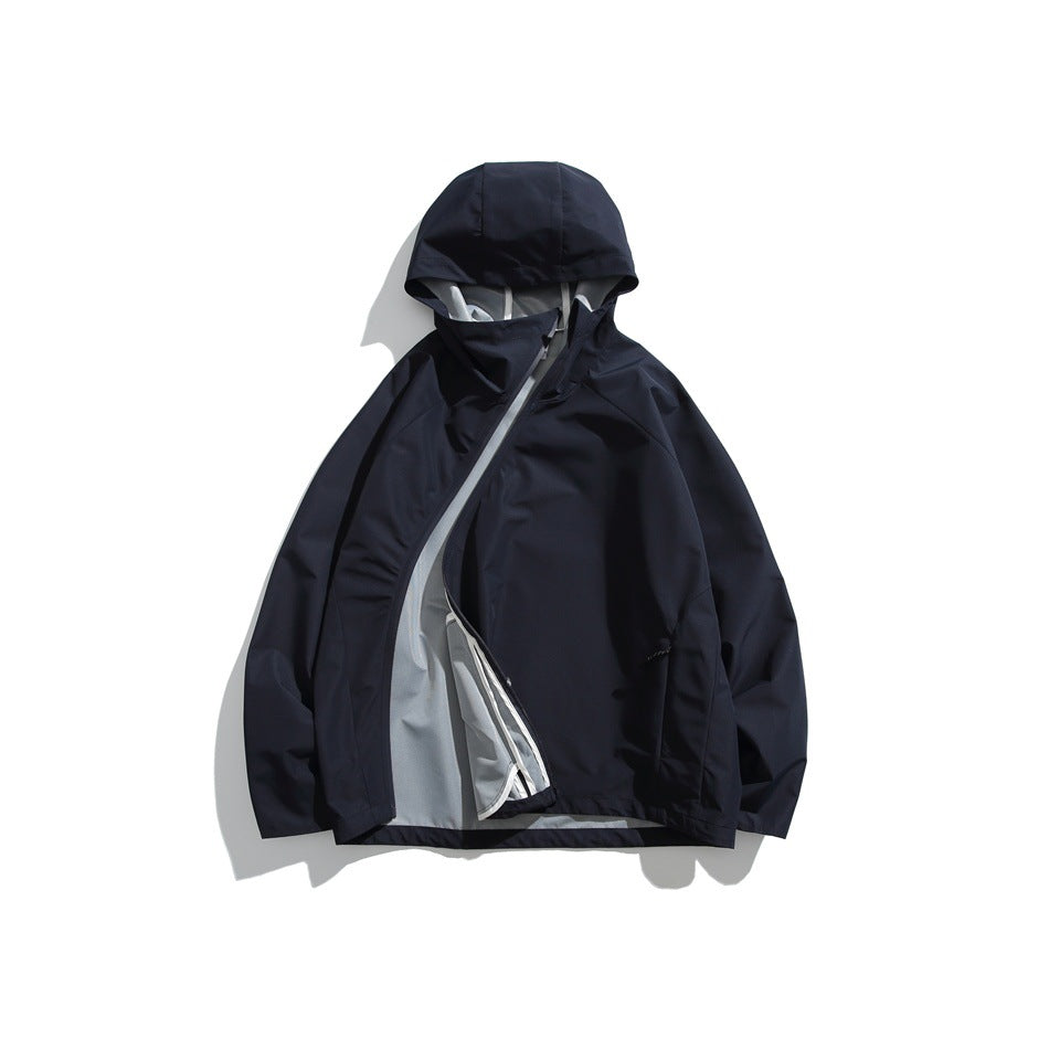 Navy hooded jacket with diagonal front zipper partly open, showing light gray inner facing and trim