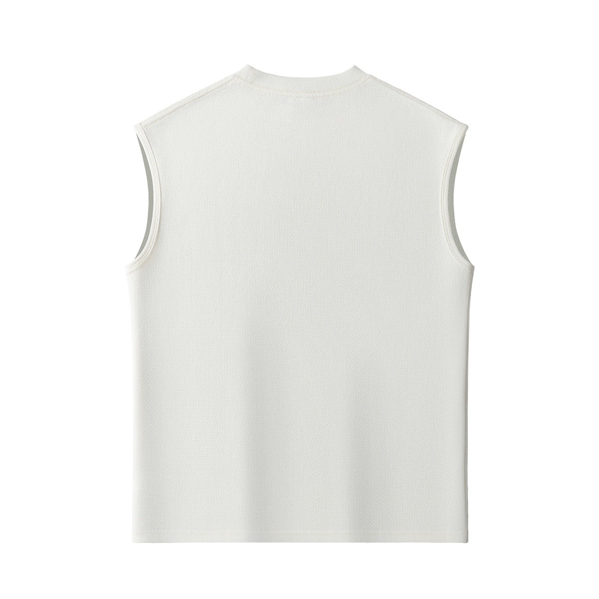 Back view of an ivory sleeveless crew-neck top with bound armholes and a plain design.