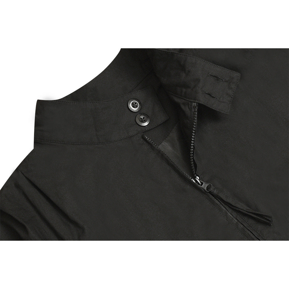 Close-up of a black garment collar with two buttons and an angled zipper.