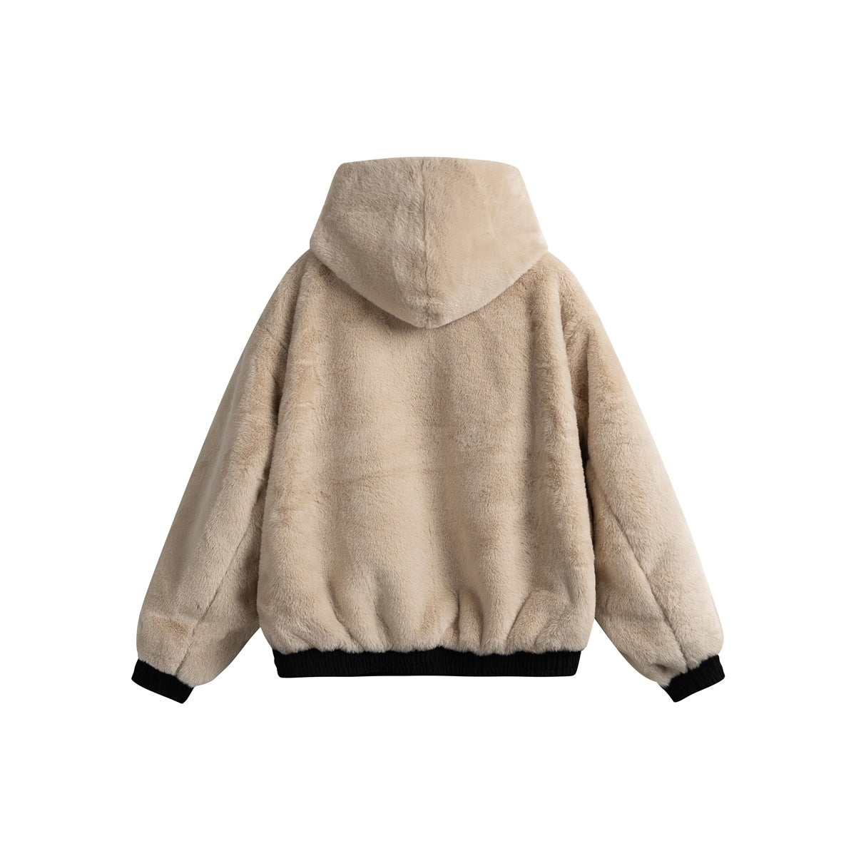 Back view of a beige plush hooded jacket with long sleeves and black ribbed cuffs and hem.