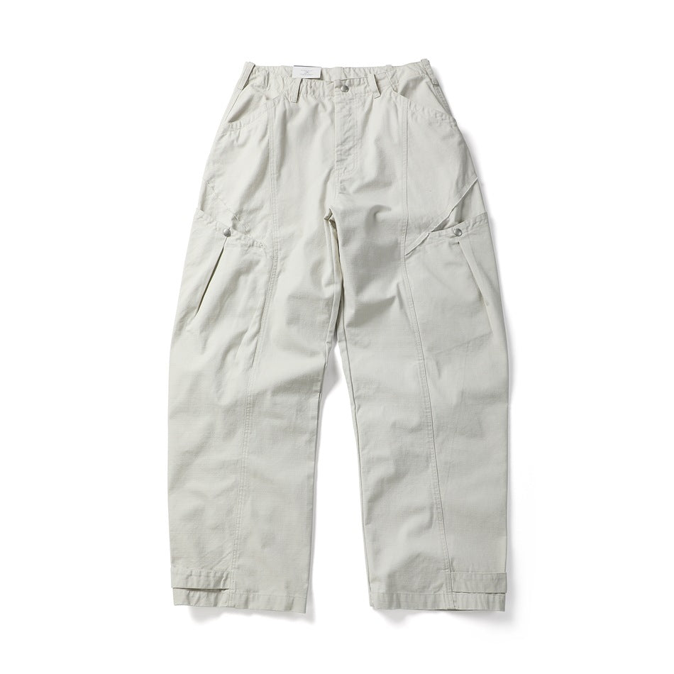 Off-white wide-leg utility pants flat lay, front view, with large side pockets and snap hem tabs