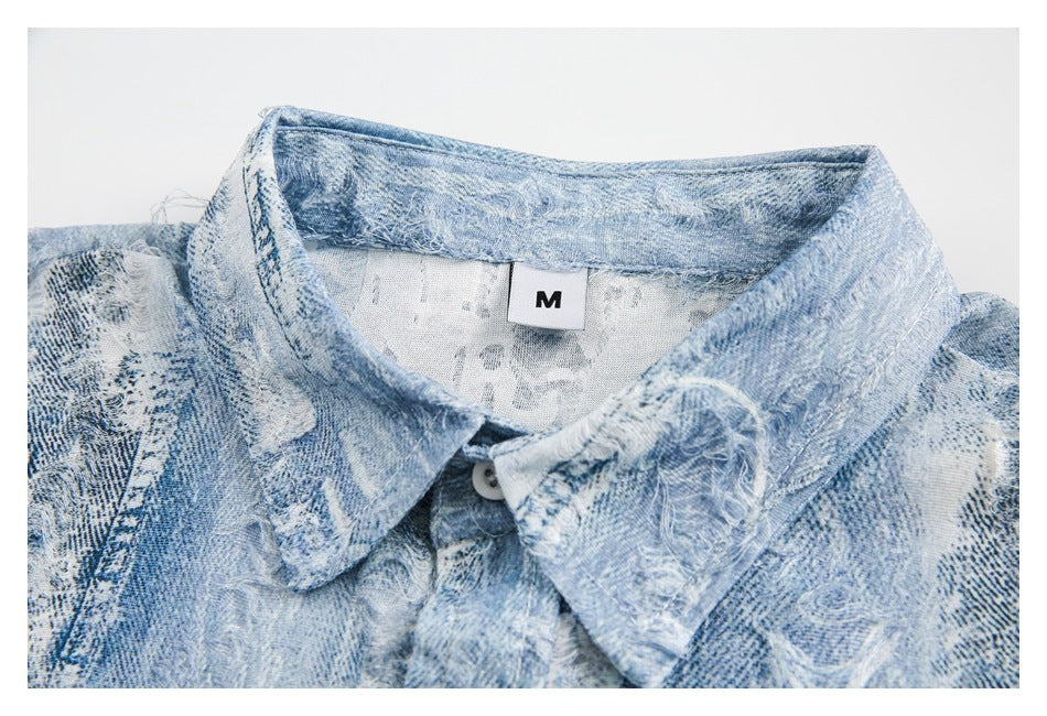 Close-up of the shirt collar, buttons, patterned fabric, and a size M neck label.