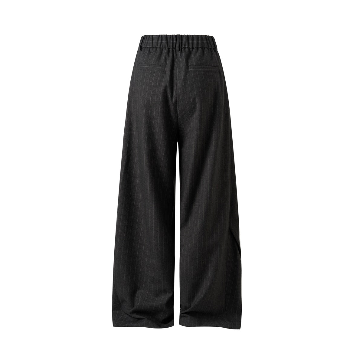 Full back view of charcoal pinstripe wide-leg trousers with an elasticated waistband and two welt pockets.