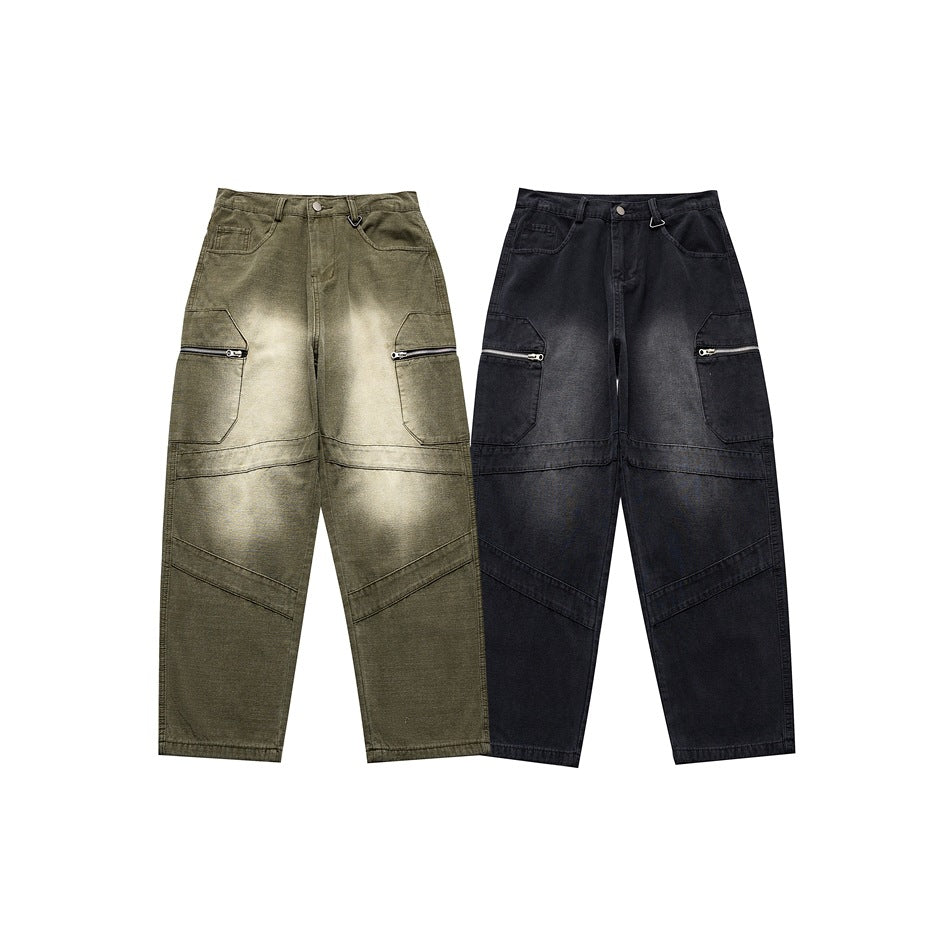 Front views of relaxed olive and black trousers with zippered cargo pockets and panel stitching.