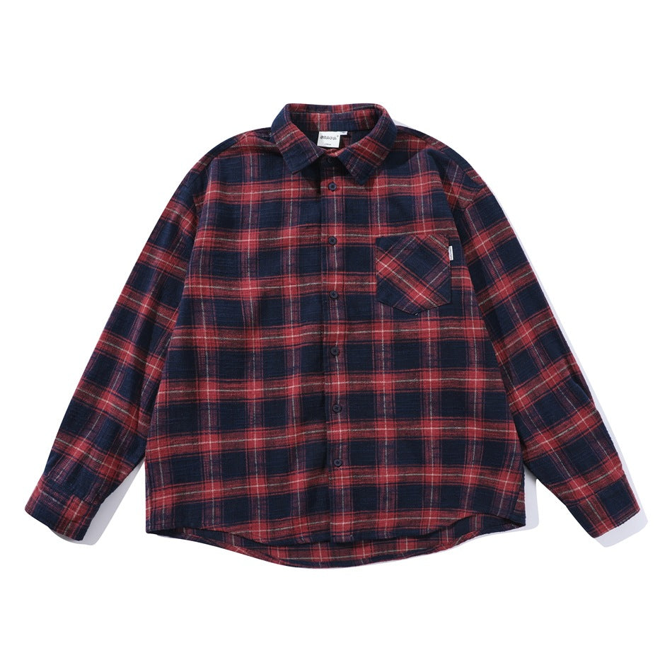 Red and navy plaid long-sleeve button-up shirt with chest pocket, flat lay front view