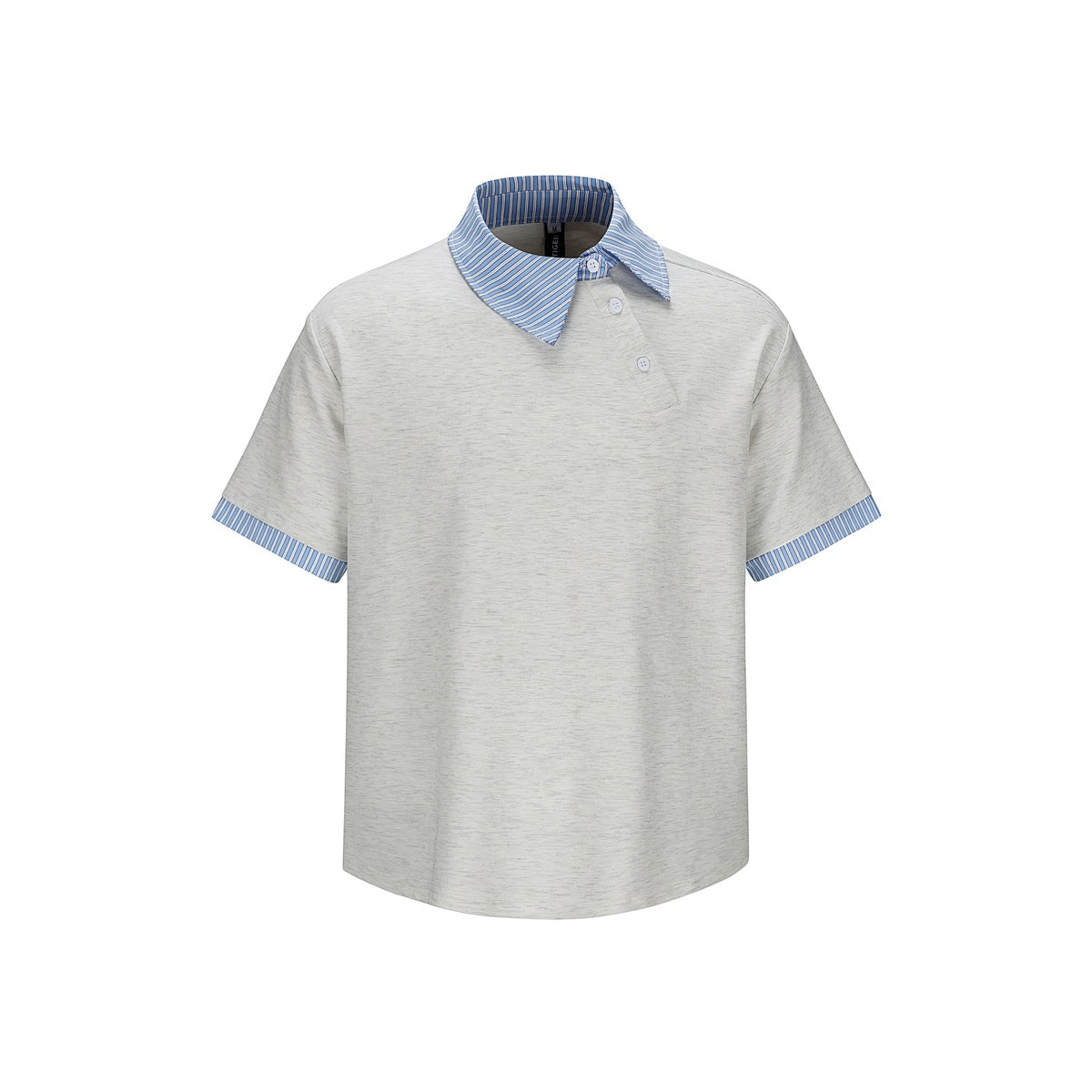 Heather gray short-sleeve polo top with asymmetric blue striped collar, two buttons and striped cuffs, front view