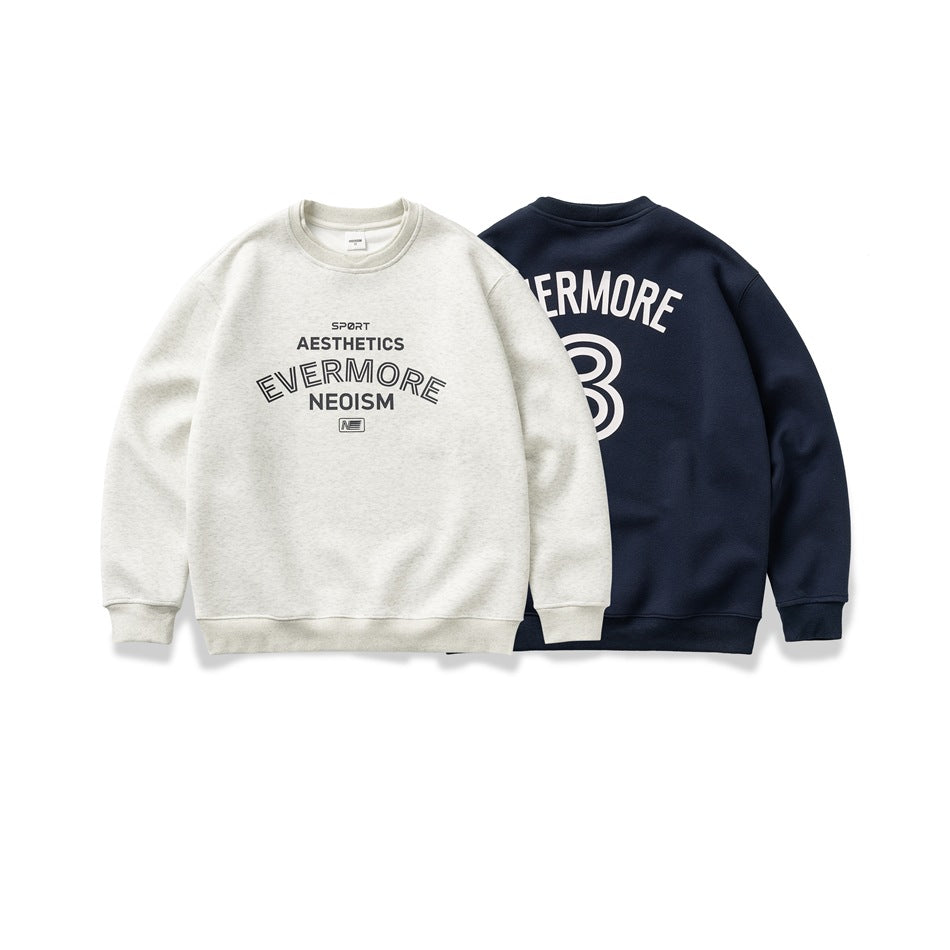 Light gray sweatshirt shown from the front beside a navy sweatshirt shown from the back.