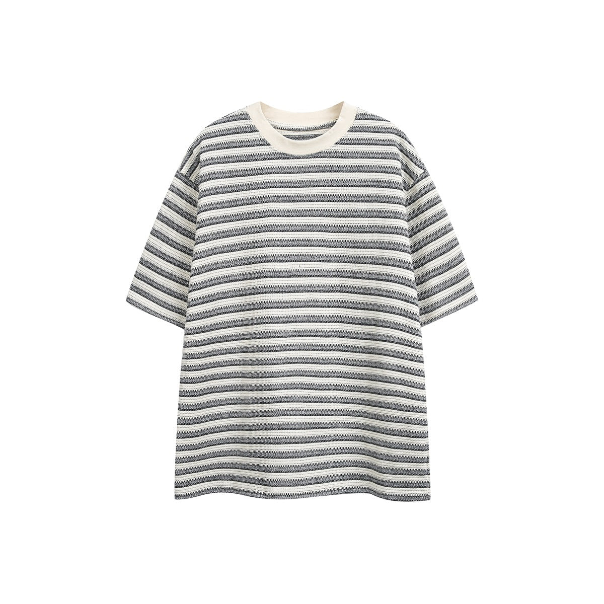 Beige and gray striped short-sleeve crew neck tee with cream collar, front flat lay